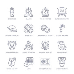 set of 16 thin linear icons such as demostration, roulette table, loto, lucky cat toy, japanese cat, samurai head of japan, robot of japan from other collection on white background, outline sign