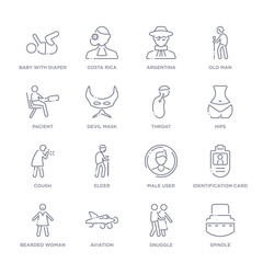 set of 16 thin linear icons such as spindle, snuggle, aviation, bearded woman, identification card with picture, male user, elder from people collection on white background, outline sign icons or