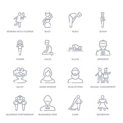 Fototapeta premium set of 16 thin linear icons such as bohemian, cape, bussiness man, business partnership, sexual harassment, muslim man, arab woman from people collection on white background, outline sign icons or