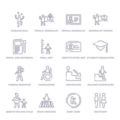 set of 16 thin linear icons such as restroom, baby zone, road crossing, babysitter and child, walking downstairs, downstairs, handicapped from people collection on white background, outline sign