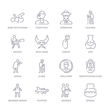 set of 16 thin linear icons such as spindle, snuggle, aviation, bearded woman, identification card with picture, male user, elder from people collection on white background, outline sign icons or