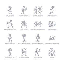 set of 16 thin linear icons such as gossip, give flower, climbing sport, standing up man, stretching exercises, standing frontal man, man standing with arms up from people collection on white