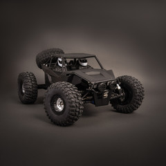 Radio-controlled car models: a little black buggy on a dark gray background.