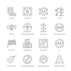 set of 16 thin linear icons such as traffic cones, parking brake, allowed drinking, price ticket, m, no hooks, abecedary from signaling collection on white background, outline sign icons or symbols