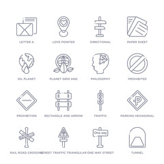 Fototapeta na wymiar set of 16 thin linear icons such as tunnel, one way street, street traffic triangular, rail road crossing cross, parking hexagonal, traffic, rectangle and arrow from signs collection on white