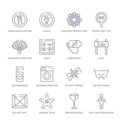 set of 16 thin linear icons such as man with badge on his cheast, broken glass, sheriff star, do not dry, do not wash, do not wring, washing machine from signs collection on white background,