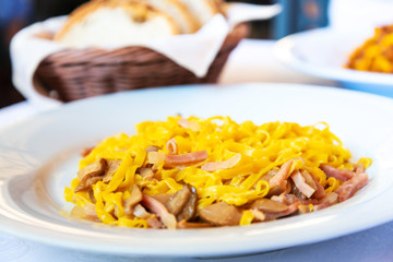 tasty Carbonara pasta on the table