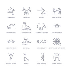 Naklejka premium set of 16 thin linear icons such as chest guard, shin guards, ankle, golden medal, dartboard with dart, boxing glove, gym ball from sports collection on white background, outline sign icons or