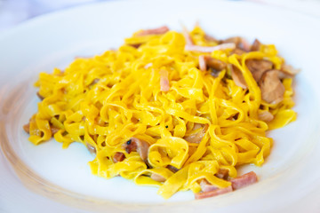 tasty Carbonara pasta on the table
