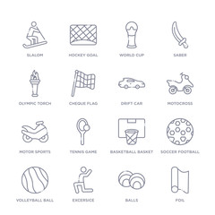 set of 16 thin linear icons such as foil, balls, excersice, volleyball ball, soccer football ball, basketball basket, tennis game from sports collection on white background, outline sign icons or