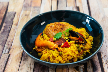 Prawn with rice - closeup of prawn with rice - traditionnal spanish food paella