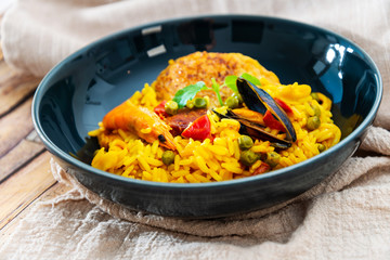 Prawn with rice - closeup of prawn with rice - traditionnal spanish food paella