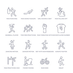 set of 16 thin linear icons such as squat, race bike, fisher fishing, man practicing high jump, karate fighter, boy with skatingboard, dancer motion from sports collection on white background,