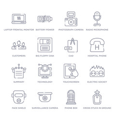 set of 16 thin linear icons such as cross stuck in ground, phone box, surveillance camera, face shield, electric socket on fire, touchscreen, technology from technology collection on white