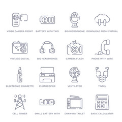 set of 16 thin linear icons such as basic calculator, drawing tablet, small battery with medium charge, cell tower, tinsel, ventilator, photocopier from technology collection on white background,