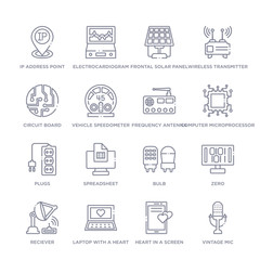 set of 16 thin linear icons such as vintage mic, heart in a screen, laptop with a heart, reciever, zero, bulb, spreadsheet from technology collection on white background, outline sign icons or