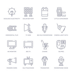 set of 16 thin linear icons such as microphone voice, transistor, old television, modern horn, go pro, chairs, big tv from technology collection on white background, outline sign icons or symbols