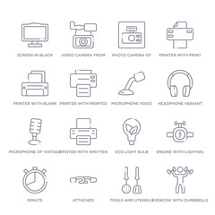 set of 16 thin linear icons such as exercise with dumbbells, tools and utensils, attached, minute, engine with lighting bolt, eco light bulb, printer with written paper from tools and utensils
