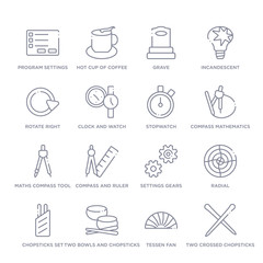 set of 16 thin linear icons such as two crossed chopsticks from japan, tessen fan, two bowls and chopsticks, chopsticks set, radial, settings gears, compass and ruler for mathematics from tools and