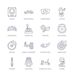set of 16 thin linear icons such as tunnel, hydraulic jack, air filter, damper, brake disc, exhaust pipe, wheel alignment from transportation collection on white background, outline sign icons or