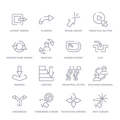 set of 16 thin linear icons such as wait cursor, navigation arrows, forbidden cursor, crossroad, exchange personel, industrial action, sorting from user interface collection on white background,