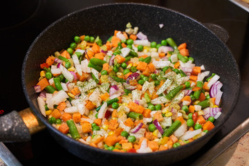 Vegetable mixture in a pan on a glass-ceramic stove