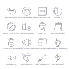 set of 16 thin linear icons such as lightning flash, magic wand button, slide to unlock, alarm button, voice message microphone button, add folder round volume button from user interface collection