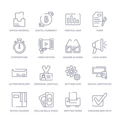 set of 16 thin linear icons such as checking box with a checkmark, written paper, dollar bills stack, office folders, digital certificate, settings cog, personal centials from user interface