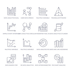 set of 16 thin linear icons such as pie chart analysis interface, data interconnected, 3d data analytics dual bars, data search for interface, bars and line ascending of analytics, analysis pie