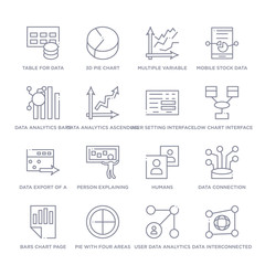 set of 16 thin linear icons such as data interconnected, user data analytics, pie with four areas, bars chart page, data connection, humans, person explaining from user interface collection on white