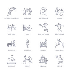 Fototapeta premium set of 16 thin linear icons such as acting, aquarium, arrest, baccarat, balancing, ball pit, ballerina from activity and hobbies collection on white background, outline sign icons or symbols