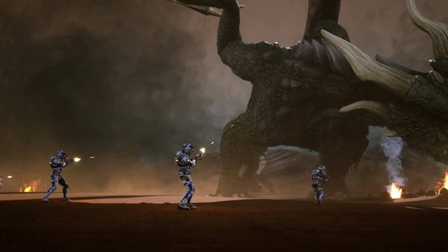 Astronauts against the dragon. Epic battle with explosions, shots and smoke on an uncharted planet. 3D animation fantasy background.