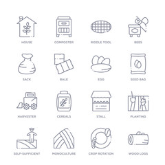set of 16 thin linear icons such as wood logs, crop rotation, monoculture, self-sufficient, planting, stall, cereals from agriculture farming collection on white background, outline sign icons or