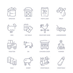 set of 16 thin linear icons such as vegetable, vegetables, sheep, silo, farmer, chicken coop, ox from agriculture farming collection on white background, outline sign icons or symbols