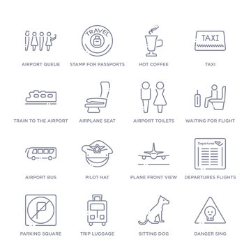 set of 16 thin linear icons such as danger sing, sitting dog, trip luggage, parking square, departures flights, plane front view, pilot hat from airport terminal collection on white background,