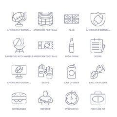set of 16 thin linear icons such as first aid kit, stopwatch, referee, hamburger, ball on flight, can of beer, glove from american football collection on white background, outline sign icons or