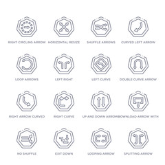 set of 16 thin linear icons such as splitting arrow, looping arrow, exit down, no shuffle, download arrow with line, up and down arrows, right curve from arrows collection on white background,