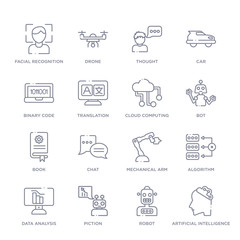 set of 16 thin linear icons such as artificial intelligence, robot, piction, data analysis, algorithm, mechanical arm, chat from artifical intelligence collection on white background, outline sign