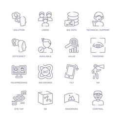 set of 16 thin linear icons such as control, panorama, 3d, eye tap, ar, tilt, 360 degree from artifical intelligence collection on white background, outline sign icons or symbols