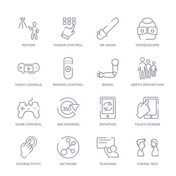 set of 16 thin linear icons such as turing test, teaching, network, interactivity, touch screen, rotation, 360 degrees from artifical intelligence collection on white background, outline sign icons