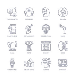 set of 16 thin linear icons such as business, servers, smart home, wristwatch, code, binary, road from artificial intellegence collection on white background, outline sign icons or symbols