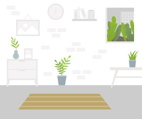 Interior of the living room. Design of cozy room with table, window, carpet, house plants. Vector Flat illustration