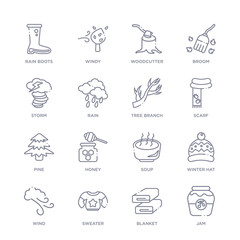 set of 16 thin linear icons such as jam, blanket, sweater, wind, winter hat, soup, honey from autumn collection on white background, outline sign icons or symbols