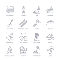 set of 16 thin linear icons such as legs, moisturizer, make up, face cleanser, cream, face mask, nail polish from beauty collection on white background, outline sign icons or symbols