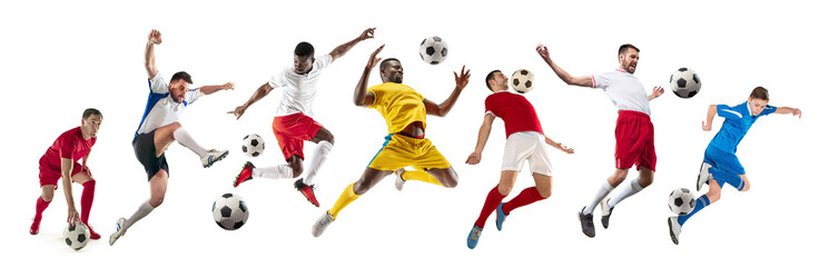 Fototapeta na wymiar Professional football soccer players with ball isolated on white studio background. Collage with fit male models. Attack, defense, fight. Group of men with sport equipment.