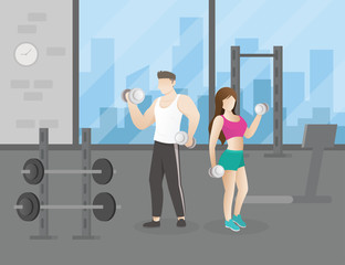 Fototapeta premium People doing fitness in gym. Man and Woman doing exercise with dumbbells in the gym. workout concept illustration with people doing exercise and gym interior. Vector illustration