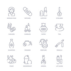 set of 16 thin linear icons such as lip gloss, aroma, deodorant, foam, pencils, perfume, powder from beauty collection on white background, outline sign icons or symbols