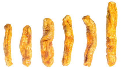 banana (Kluai Leb Mu Nang) dried on white background of Thailand