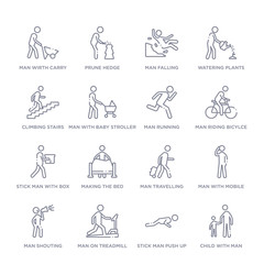 Fototapeta premium set of 16 thin linear icons such as child with man, stick man push up, man on treadmill, man shouting, with mobile phone, travelling, making the bed from behavior collection on white background,