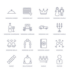 set of 16 thin linear icons such as pastor, queue, relationship, sweet, wedding, wedding album, wedding altar from birthday party collection on white background, outline sign icons or symbols